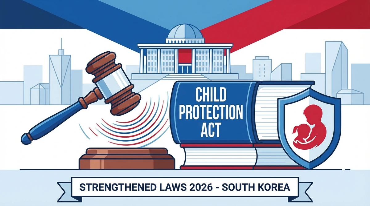 아동학대죄 강화 법정 판결 장면을 상징하는 일러스트, 법정 망치와 아동 보호 법전이 그려진 상징적 이미지