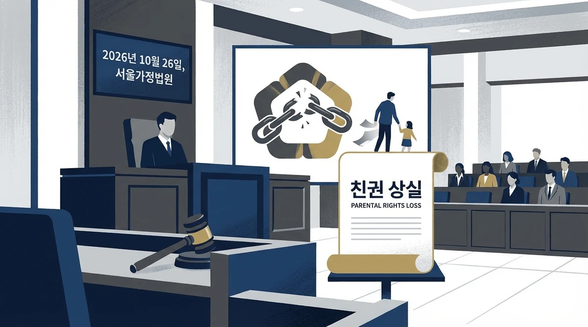 법정에서 친권상실 판결이 내려지는 장면을 표현한 일러스트, 판사의 판결과 아동 보호 상징