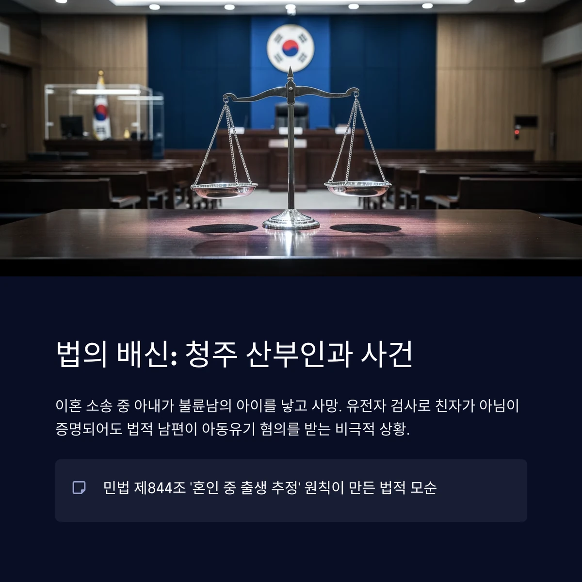 이혼 소송 중 아내가 불륜남의 아이를 낳고 사망한 사건으로, 유전자 검사로 친자가 아님 증명되었으나 법적 남편이 아동유기 혐의를 받는 비극적 상황