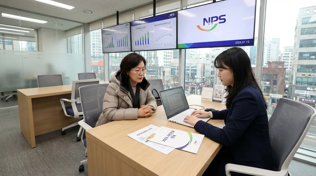 2026년 국민연금공단 지사에서 40대 여성이 직원에게 이혼 분할연금 신청 상담을 받고 있는 장면, 책상 위에 신청서와 안내 책자가 놓여있다