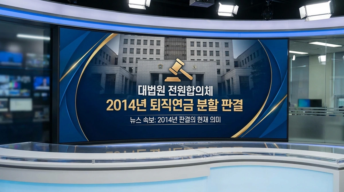 2014년 대법원 전원합의체가 이혼 퇴직금 분할을 인정하는 판결을 내린 뉴스를 보도하는 화면, 법원 건물과 판사 망치가 보인다
