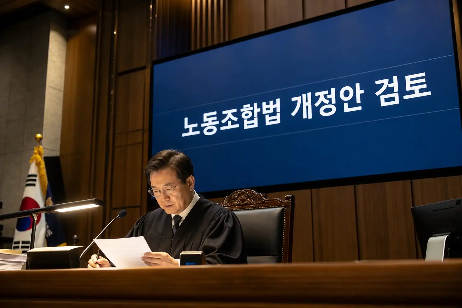 대한민국 대법원의 웅장하고 현대적인 법정 내부에서 판사가 판결봉을 든 채 진지한 표정으로 서류를 검토하고 있으며 법정 대형 모니터에는 노조법 개정안 관련 문구가 표기된 모습