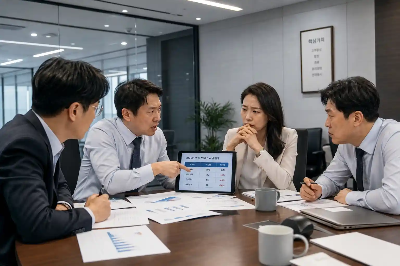 현대적인 기업 회의실에서 한국인 직장인들이 심각한 표정으로 서류를 보며 성과급 격차와 노노갈등에 대해 논쟁을 벌이고 있는 모습