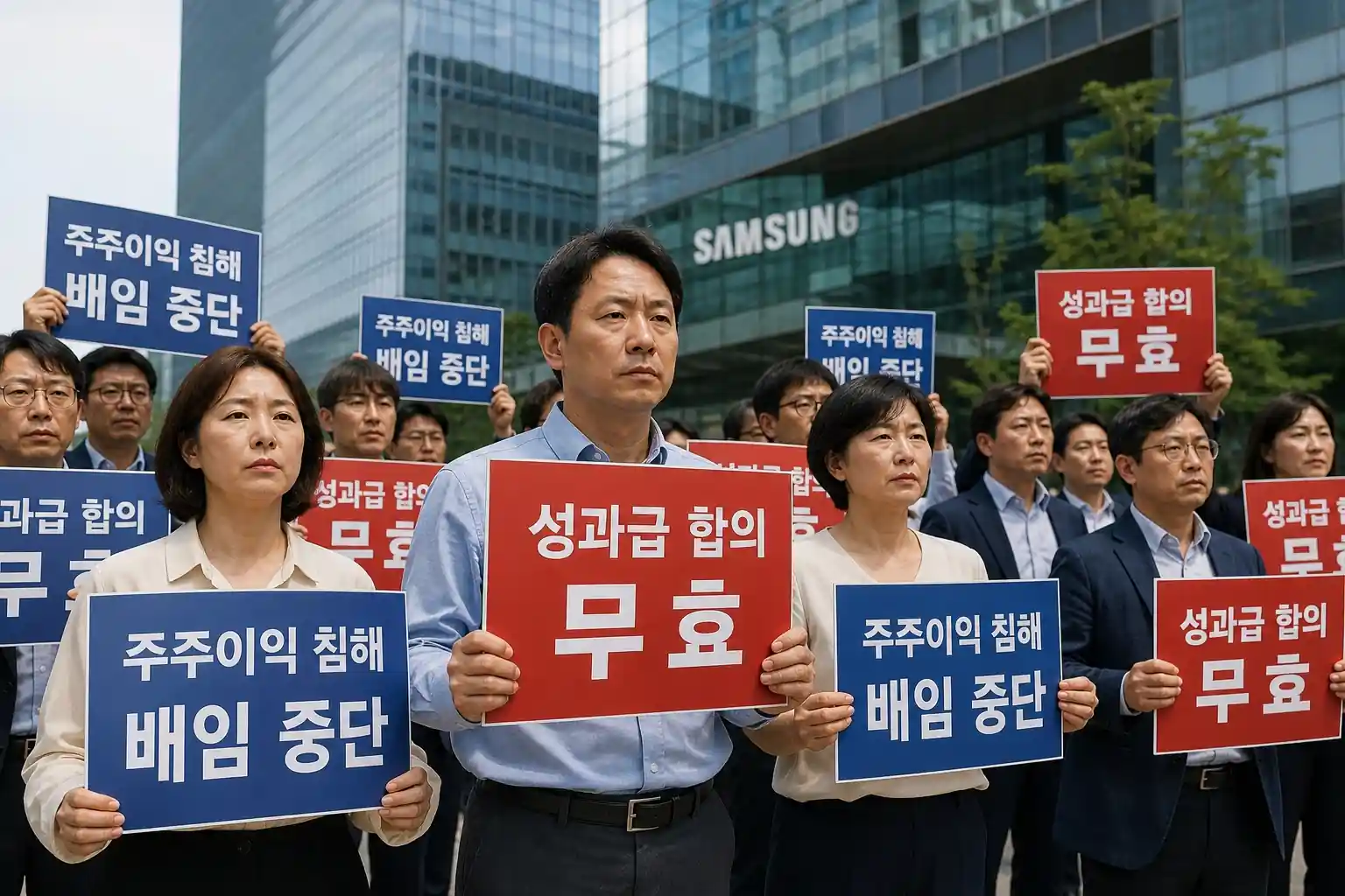 2026년 대한민국 소액주주 단체 회원들이 건물 앞 광장에 모여 삼성전자 성과급 배임 및 위법 합의안 무효를 주장하는 팻말을 들고 집회를 연 현장 모습
