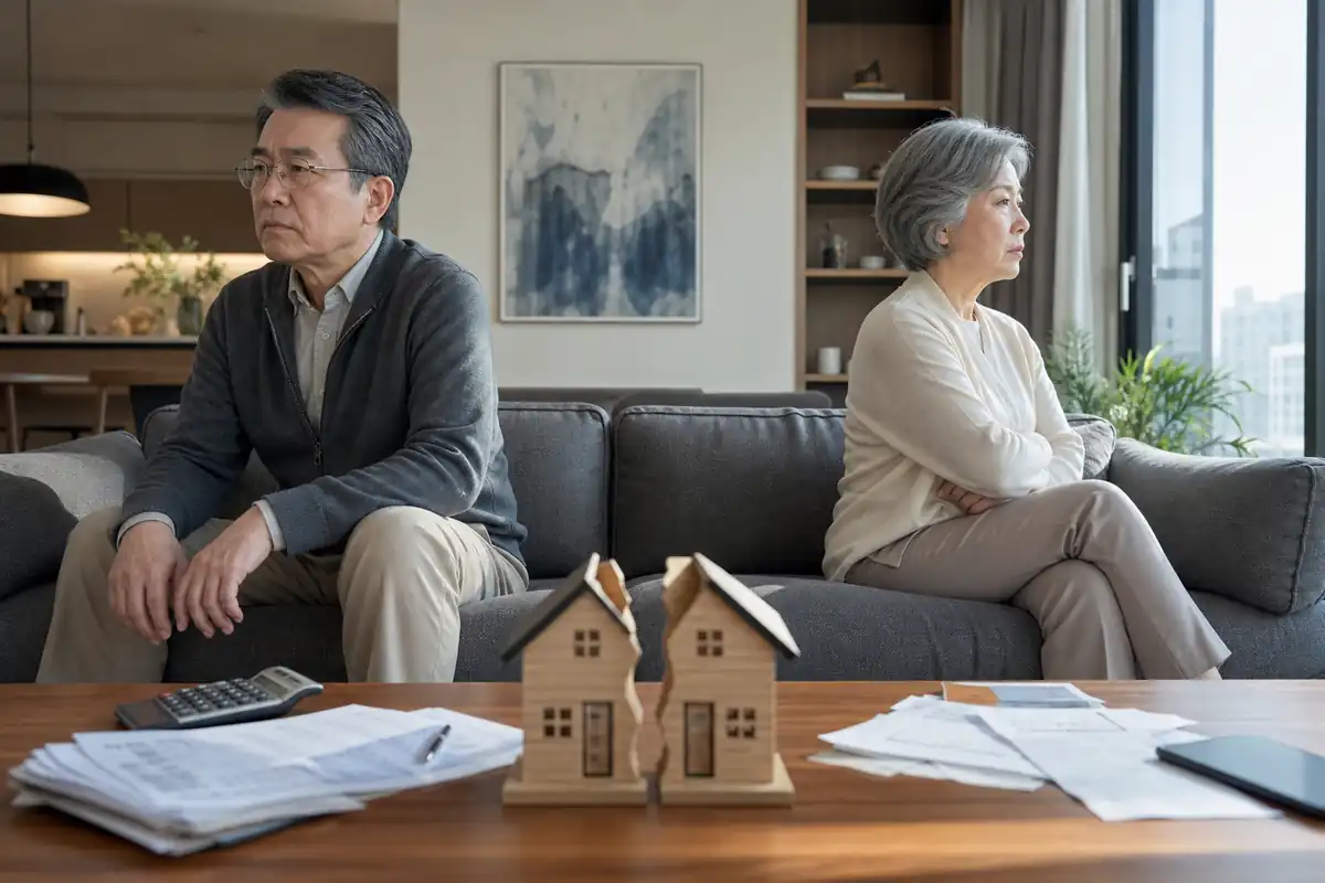 황혼이혼 재산분할 고려사항, 머리가 희끗희끗한 노년의 남녀가 서로 등을 돌린 채 거실 소파 양끝에 앉아 있으며 배경에는 가계 자산 분할을 뜻하는 부서진 주택 모형이 놓여 있는 2026년 대한민국 시니어 가구의 갈등 모습