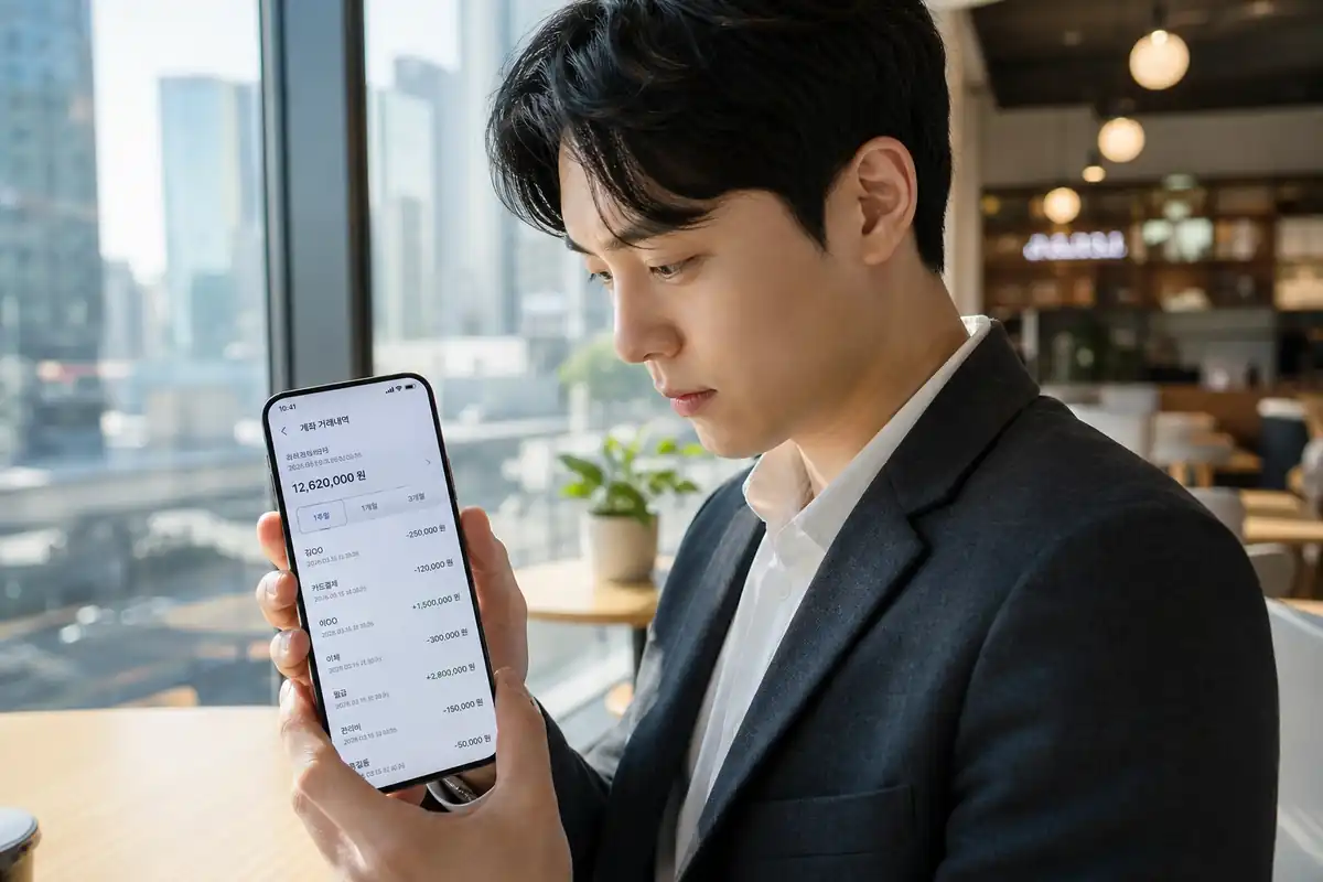 직장인 자녀 증여세: 대한민국 서울의 한 카페에서 직장인이 스마트폰 뱅킹 앱을 켜고 부모님으로부터 가족간 생활비 송금을 받은 계좌 내역을 심각한 표정으로 들여다보는 모습