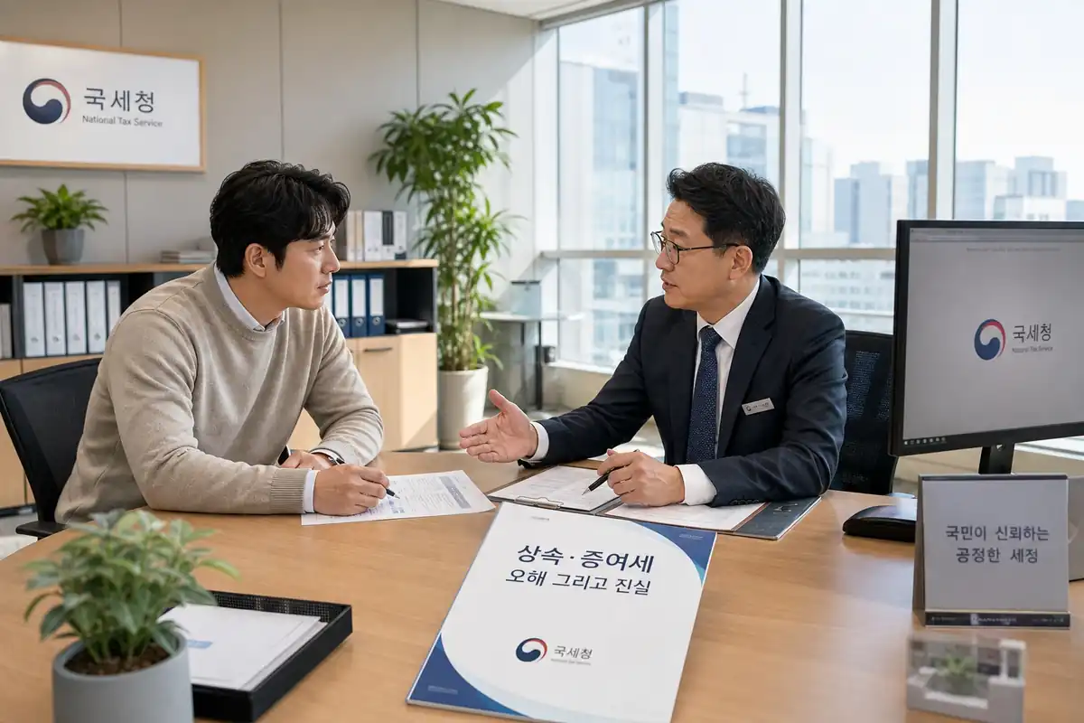 단정한 세무 사무실에서 자산가가 국세청 책자를 펴놓고 전문가와 함께 증여세 기준과 상속세 리스크를 차분하게 상담하는 장면
