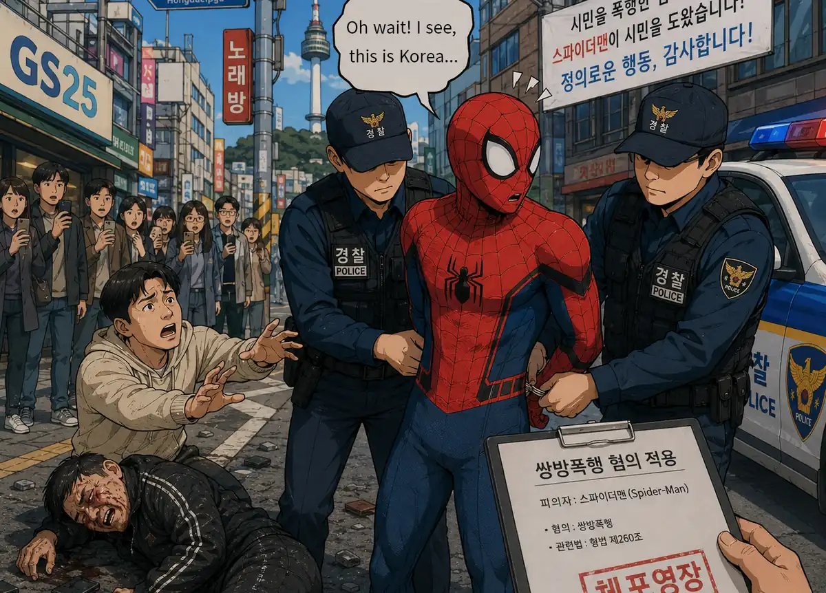 폭행당하는 시민을 도운 스파이더맨이 쌍방폭행 혐의로 경찰에 잡히고 있다.