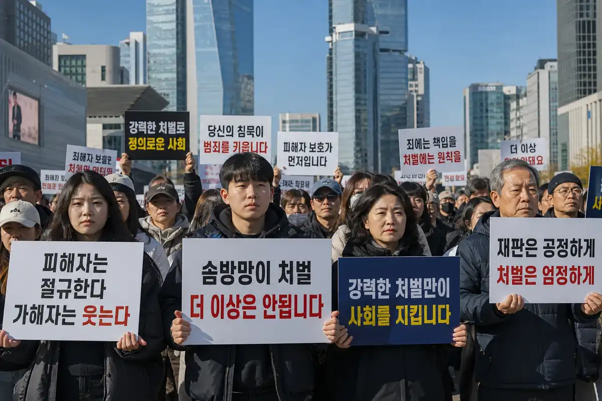 대한민국 도심 한복판에서 시민들이 솜방망이 처벌 규탄과 사법 정의 실현을 요구하며 팻말을 들고 평화적인 집회를 벌이고 있는 2026년 현재의 모습