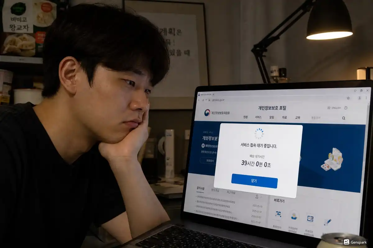 대한민국 2026년 현재 방안에서 한 남성이 모니터에 뜬 개인정보포털의 39시간 접속 대기 화면을 보며 허탈해하는 사실적인 사진 스타일 모습